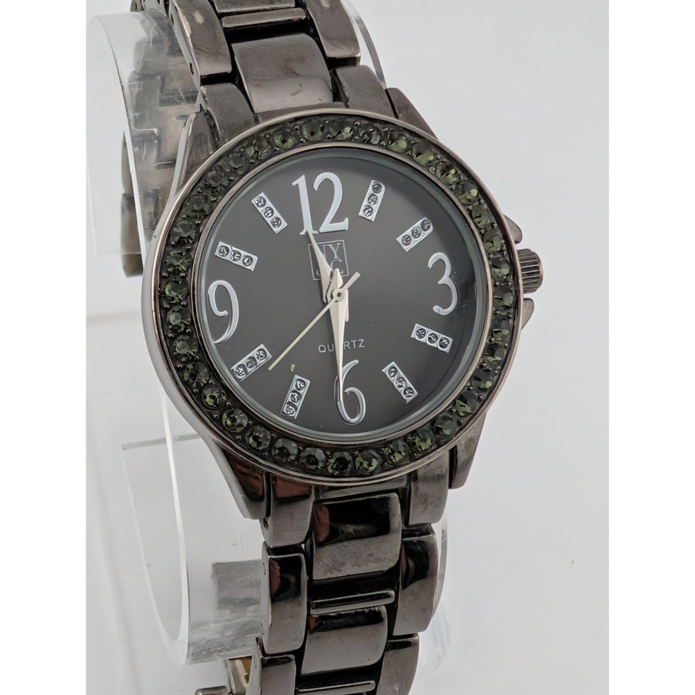 NY&C Watch Women 32mm Case Gunmetal Tone 7.25" Band Crystal Bezel-‎ New Battery